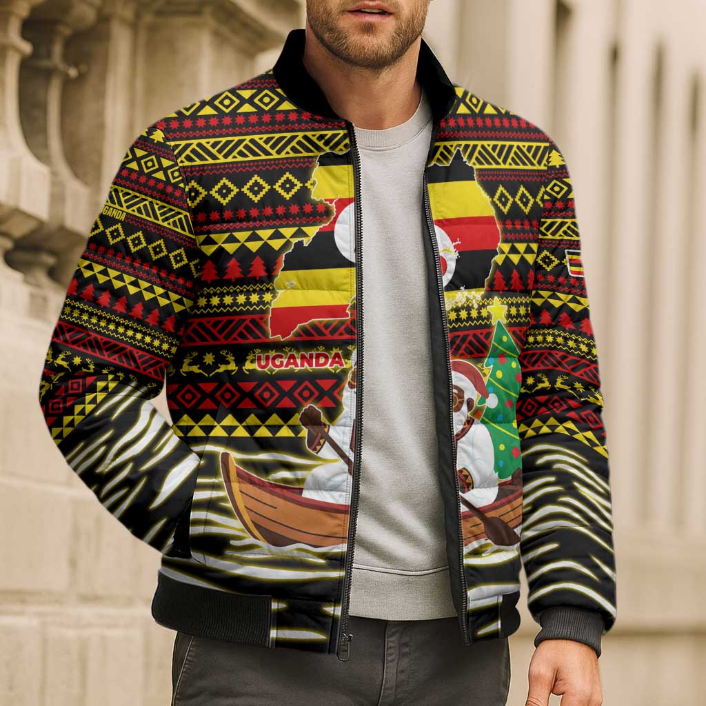 Uganda Christmas Bomber Puffer Jacket with Santa in Canoe Christmas Tree Uganda Map Flag and Black Red Yellow Tribal Pattern Design - Wonder Print Shop