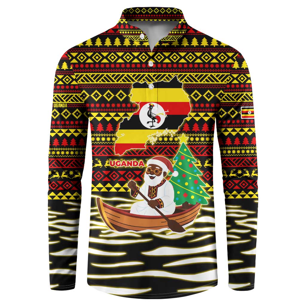 Uganda Christmas Button Sweatshirt with Santa in Canoe Christmas Tree Uganda Map Flag and Black Red Yellow Tribal Pattern Design - Wonder Print Shop