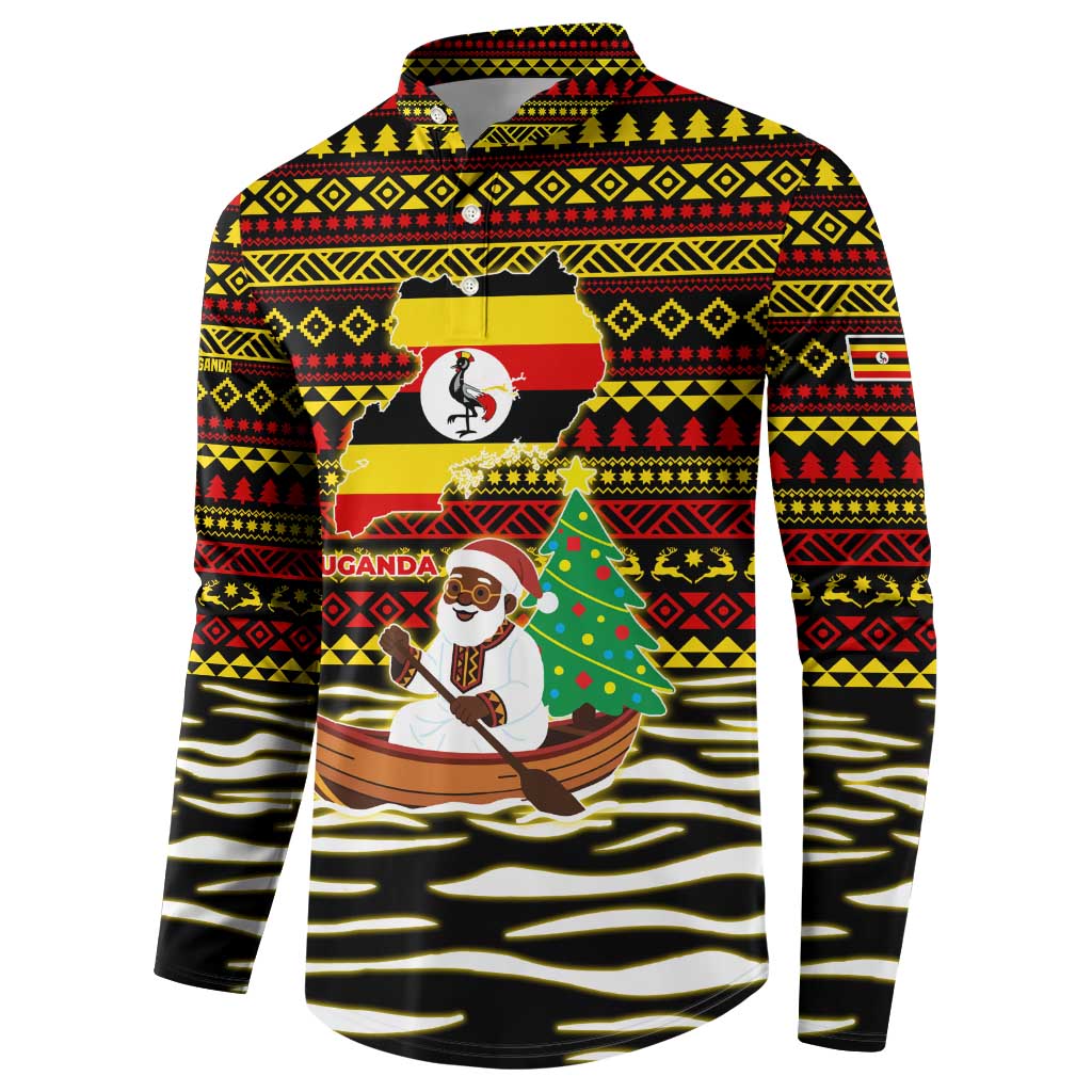 Uganda Christmas Button Sweatshirt with Santa in Canoe Christmas Tree Uganda Map Flag and Black Red Yellow Tribal Pattern Design - Wonder Print Shop