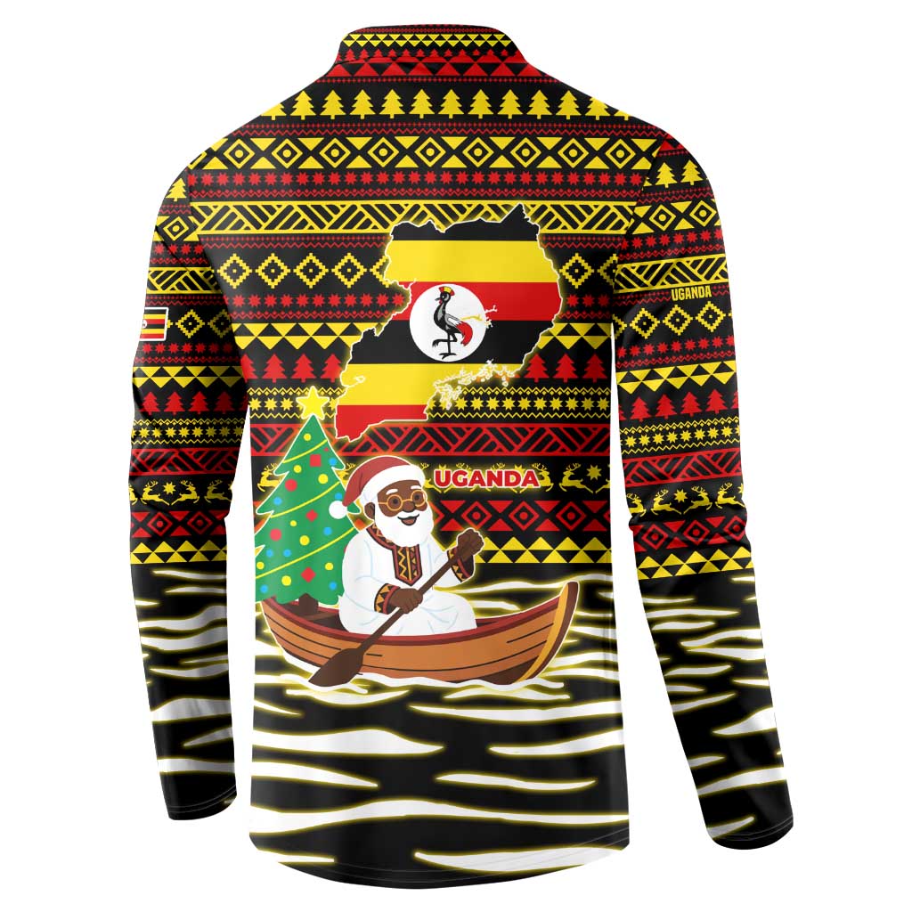 Uganda Christmas Button Sweatshirt with Santa in Canoe Christmas Tree Uganda Map Flag and Black Red Yellow Tribal Pattern Design - Wonder Print Shop