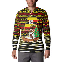 Uganda Christmas Button Sweatshirt with Santa in Canoe Christmas Tree Uganda Map Flag and Black Red Yellow Tribal Pattern Design - Wonder Print Shop