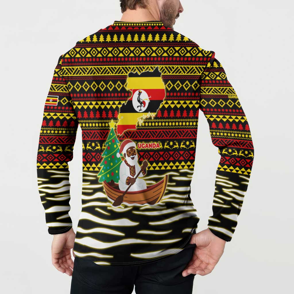 Uganda Christmas Button Sweatshirt with Santa in Canoe Christmas Tree Uganda Map Flag and Black Red Yellow Tribal Pattern Design - Wonder Print Shop