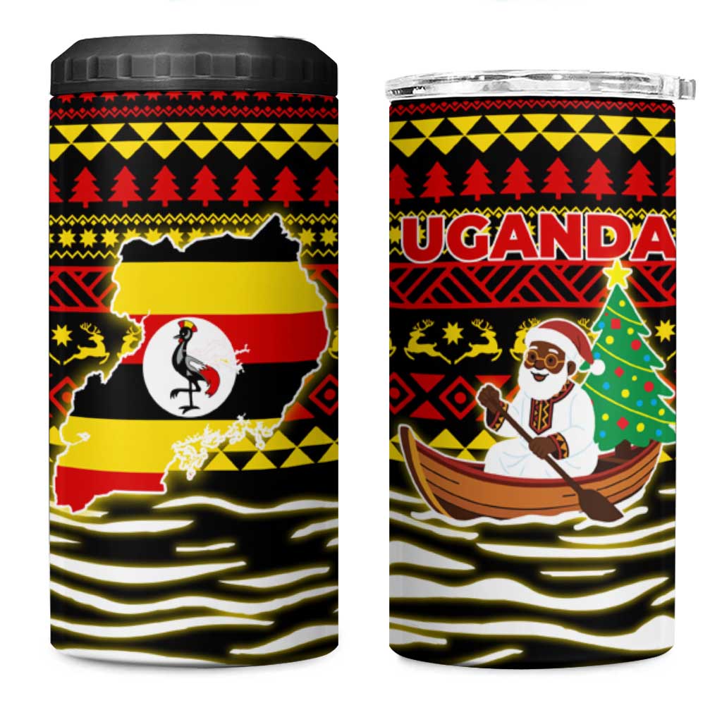 Uganda Christmas 4 in 1 Can Cooler Tumbler with Santa in Canoe Christmas Tree Uganda Map Flag and Black Red Yellow Tribal Pattern Design - Wonder Print Shop