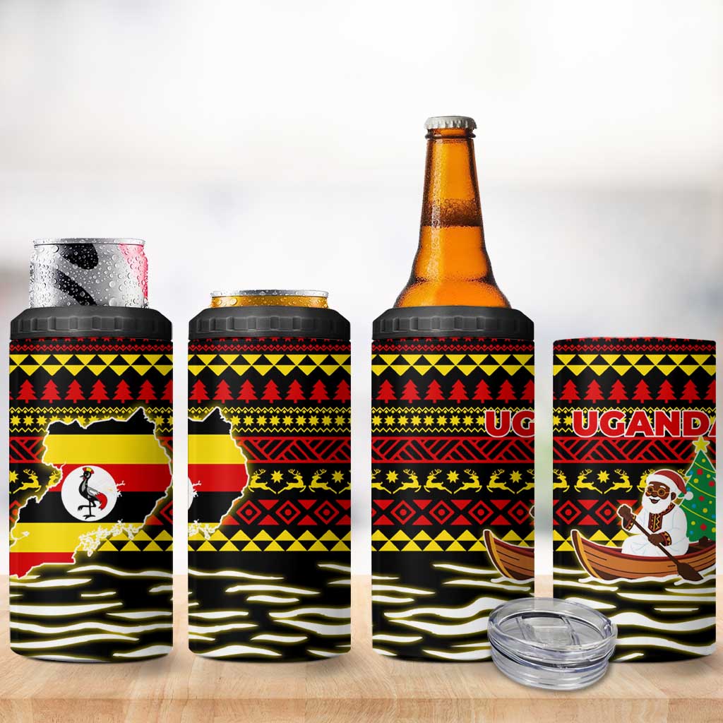 Uganda Christmas 4 in 1 Can Cooler Tumbler with Santa in Canoe Christmas Tree Uganda Map Flag and Black Red Yellow Tribal Pattern Design - Wonder Print Shop