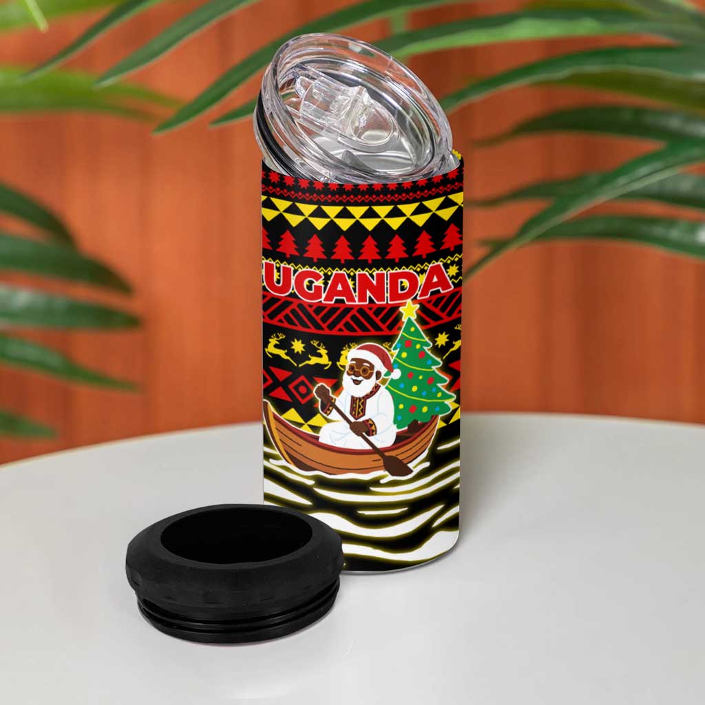 Uganda Christmas 4 in 1 Can Cooler Tumbler with Santa in Canoe Christmas Tree Uganda Map Flag and Black Red Yellow Tribal Pattern Design - Wonder Print Shop
