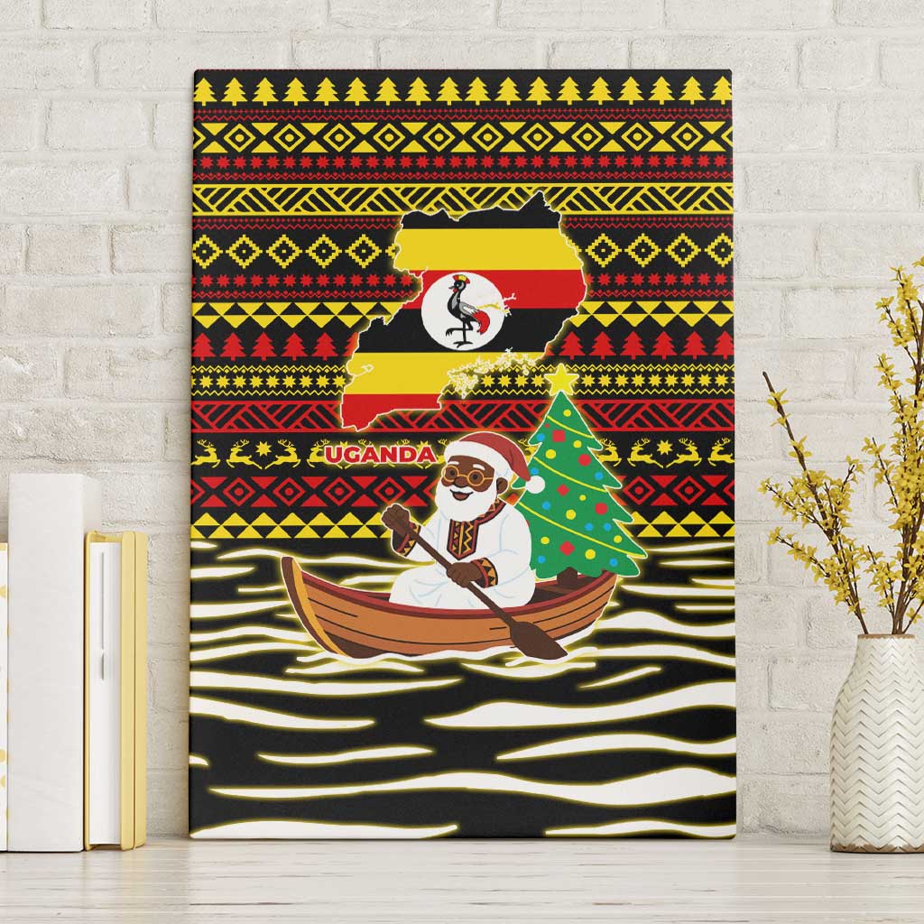 Uganda Christmas Canvas Wall Art with Santa in Canoe Christmas Tree Uganda Map Flag and Black Red Yellow Tribal Pattern Design - Wonder Print Shop