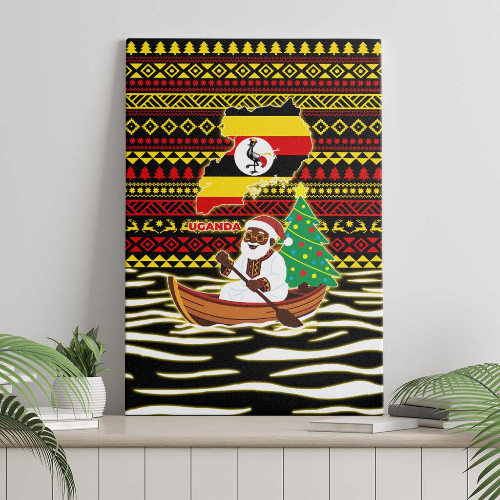 Uganda Christmas Canvas Wall Art with Santa in Canoe Christmas Tree Uganda Map Flag and Black Red Yellow Tribal Pattern Design - Wonder Print Shop