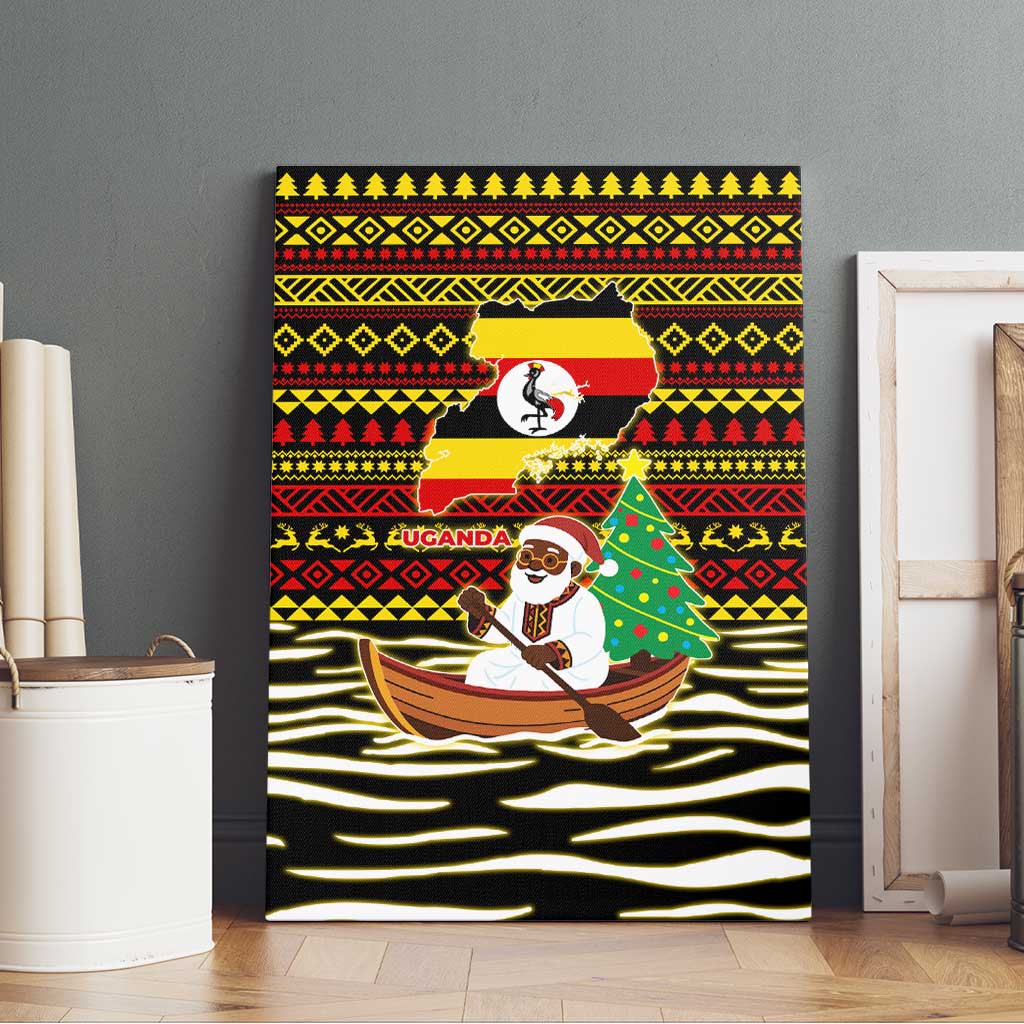 Uganda Christmas Canvas Wall Art with Santa in Canoe Christmas Tree Uganda Map Flag and Black Red Yellow Tribal Pattern Design - Wonder Print Shop