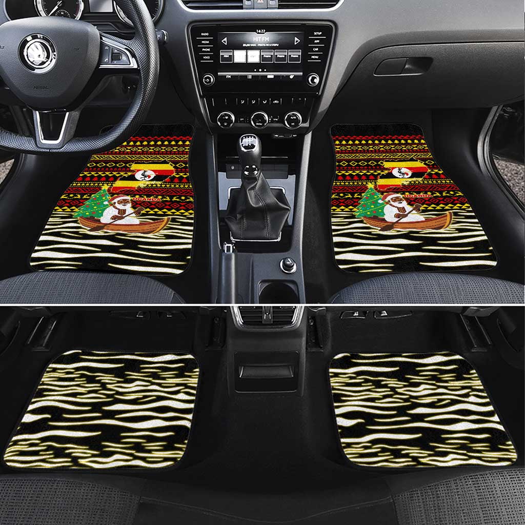 Uganda Christmas Car Mats with Santa in Canoe Christmas Tree Uganda Map Flag and Black Red Yellow Tribal Pattern Design - Wonder Print Shop
