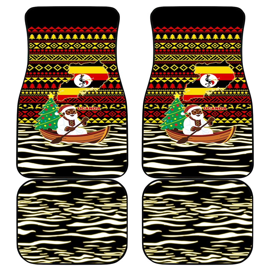 Uganda Christmas Car Mats with Santa in Canoe Christmas Tree Uganda Map Flag and Black Red Yellow Tribal Pattern Design - Wonder Print Shop