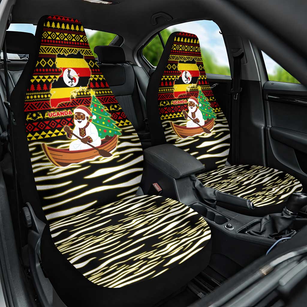 Uganda Christmas Car Seat Cover with Santa in Canoe Christmas Tree Uganda Map Flag and Black Red Yellow Tribal Pattern Design - Wonder Print Shop