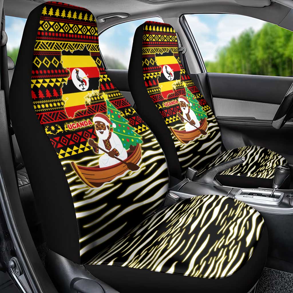 Uganda Christmas Car Seat Cover with Santa in Canoe Christmas Tree Uganda Map Flag and Black Red Yellow Tribal Pattern Design - Wonder Print Shop