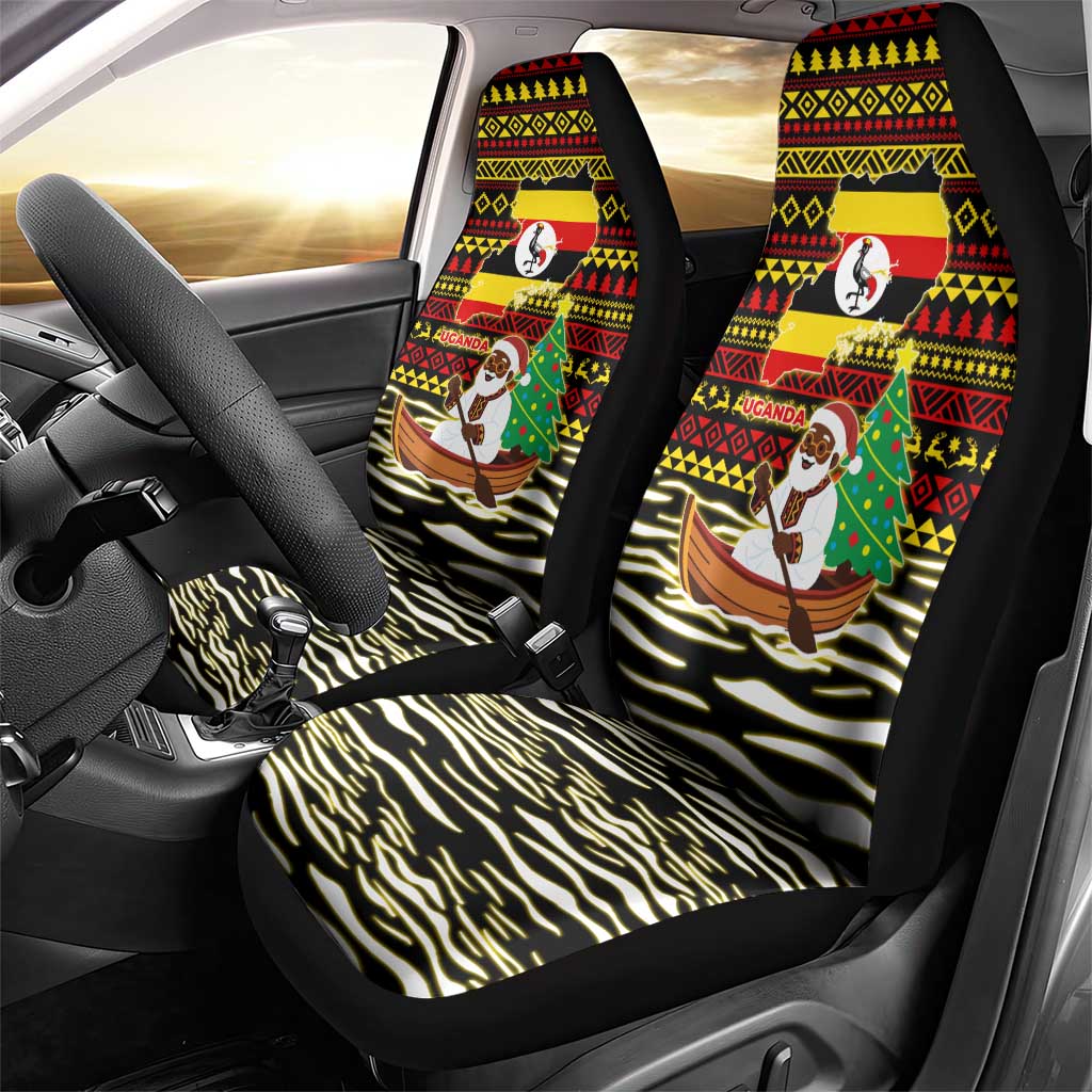 Uganda Christmas Car Seat Cover with Santa in Canoe Christmas Tree Uganda Map Flag and Black Red Yellow Tribal Pattern Design - Wonder Print Shop