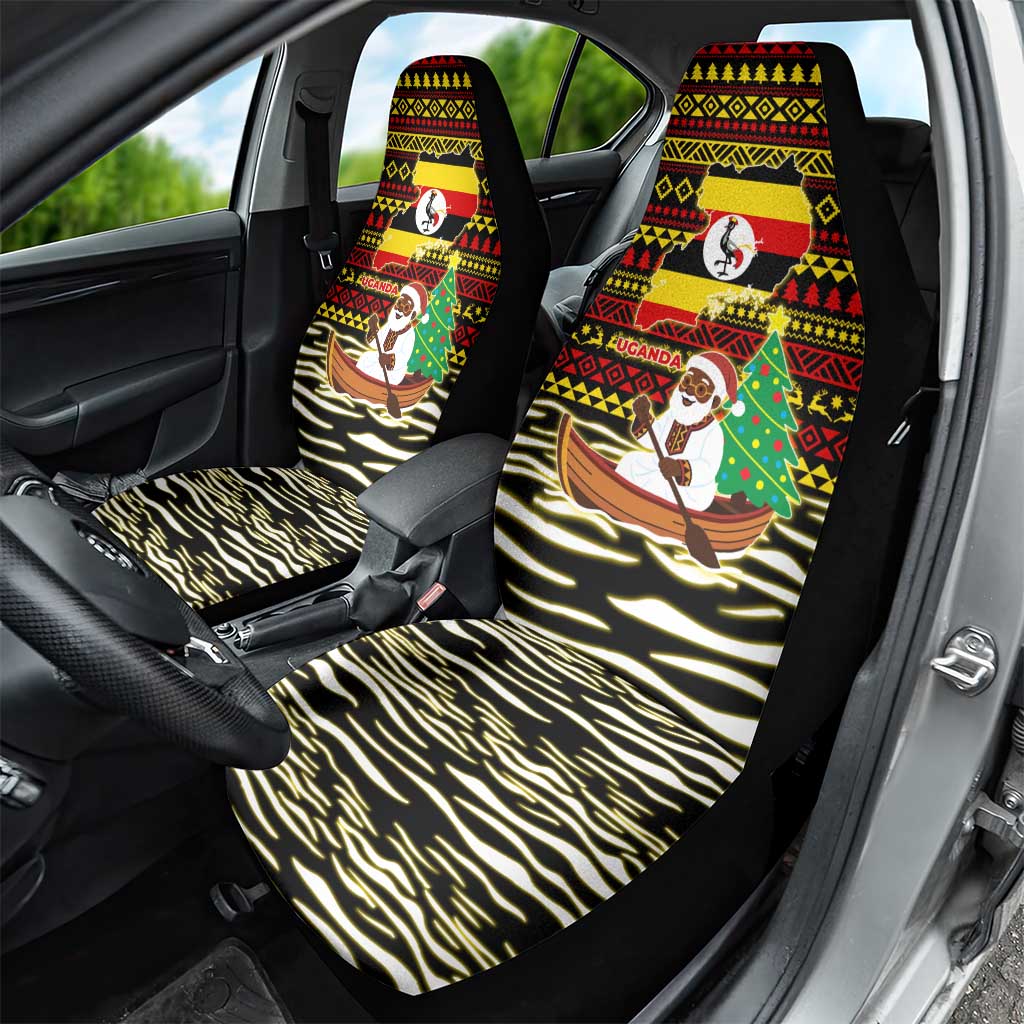 Uganda Christmas Car Seat Cover with Santa in Canoe Christmas Tree Uganda Map Flag and Black Red Yellow Tribal Pattern Design - Wonder Print Shop