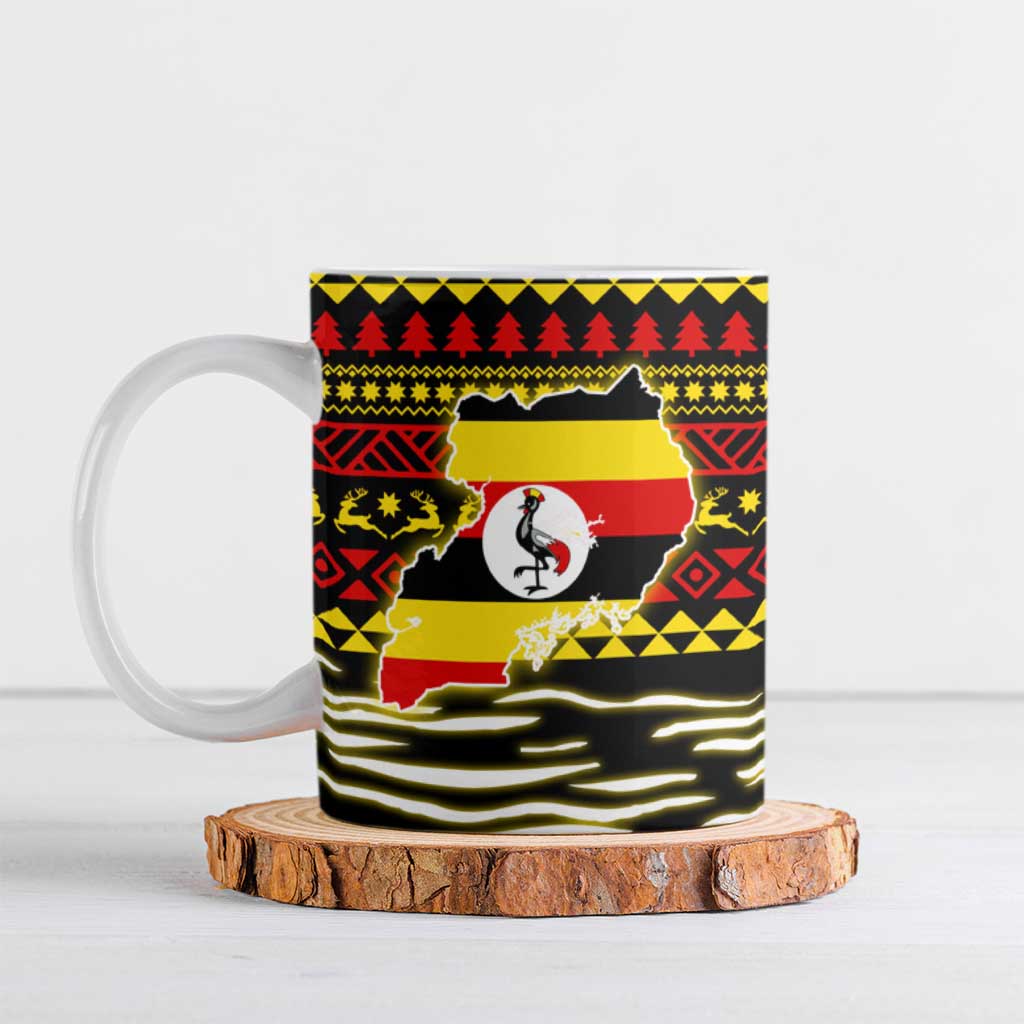 Uganda Christmas Ceramic Mug with Santa in Canoe Christmas Tree Uganda Map Flag and Black Red Yellow Tribal Pattern Design - Wonder Print Shop