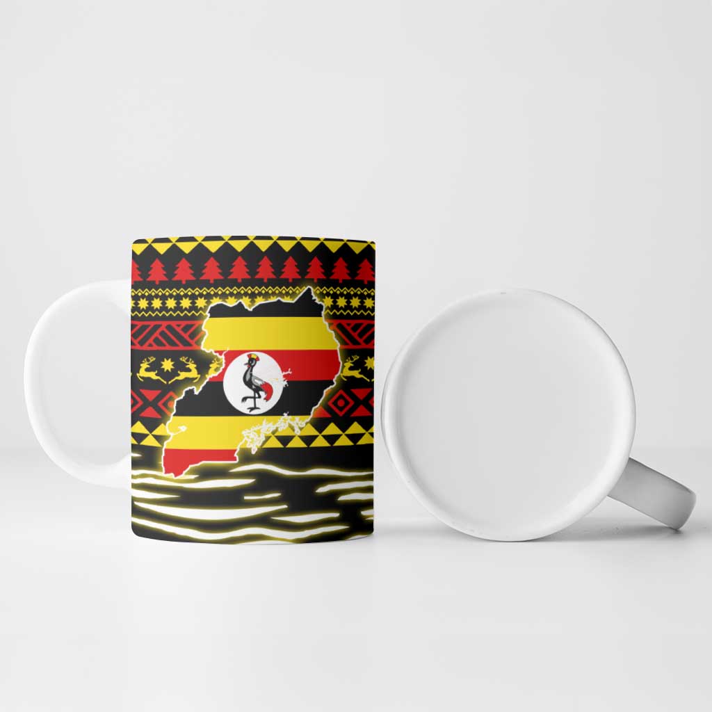 Uganda Christmas Ceramic Mug with Santa in Canoe Christmas Tree Uganda Map Flag and Black Red Yellow Tribal Pattern Design - Wonder Print Shop