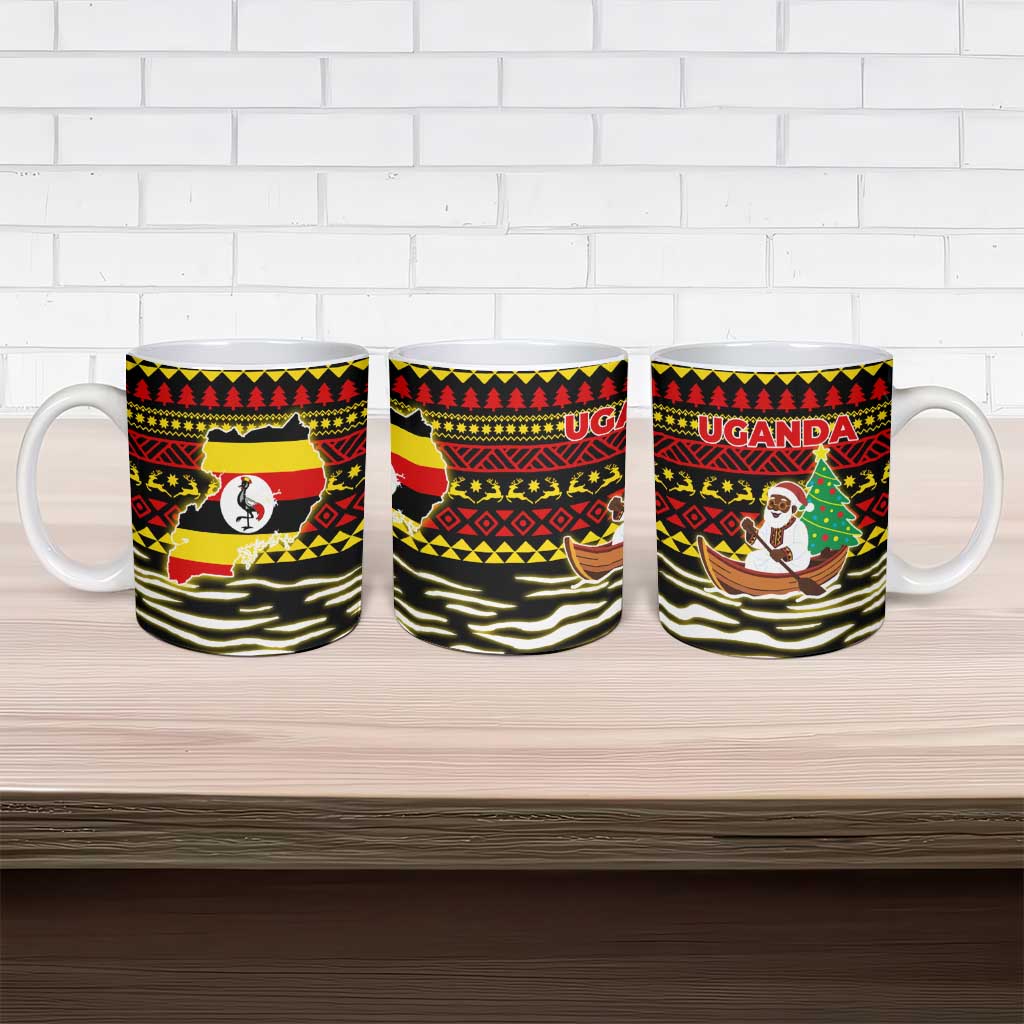 Uganda Christmas Ceramic Mug with Santa in Canoe Christmas Tree Uganda Map Flag and Black Red Yellow Tribal Pattern Design - Wonder Print Shop