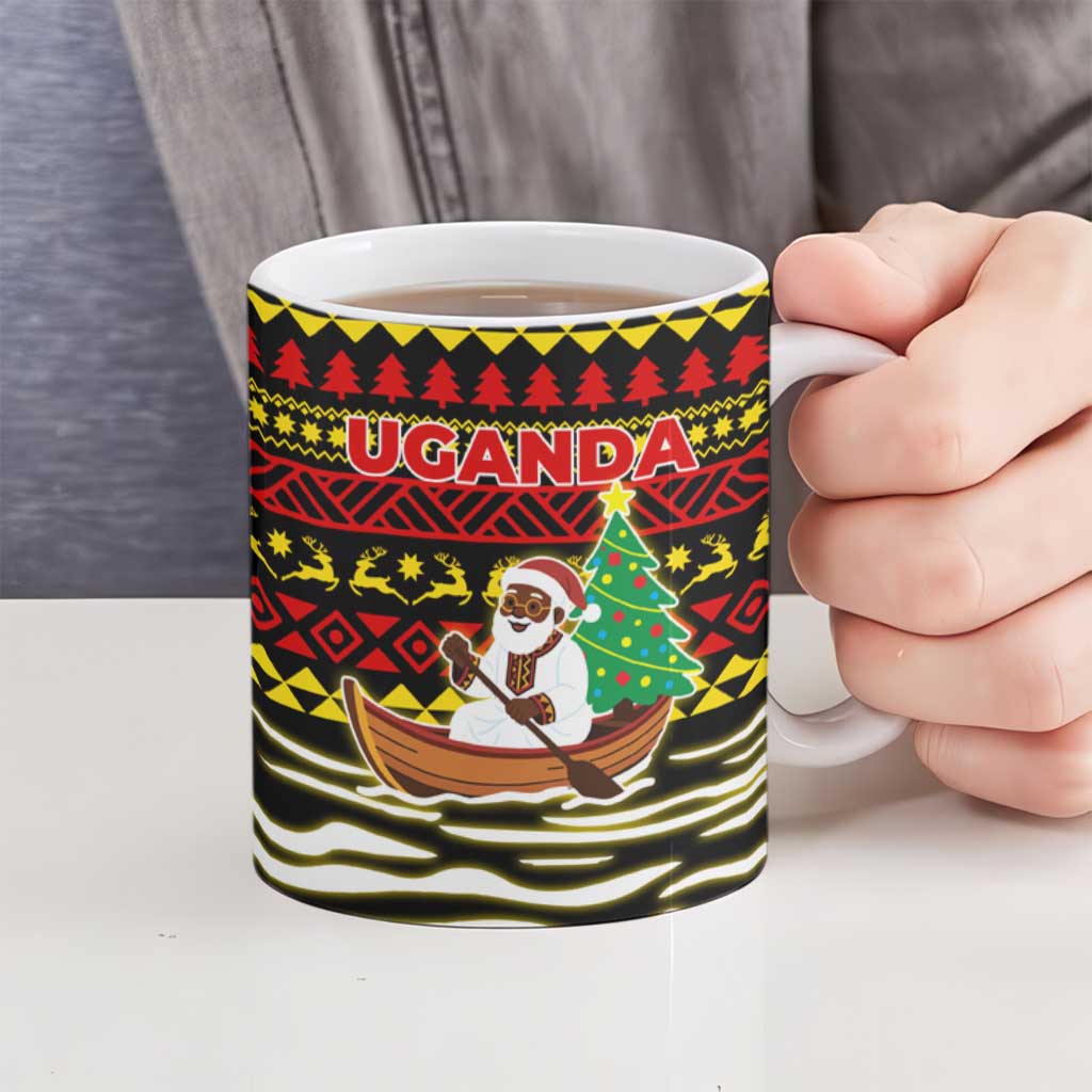 Uganda Christmas Ceramic Mug with Santa in Canoe Christmas Tree Uganda Map Flag and Black Red Yellow Tribal Pattern Design - Wonder Print Shop
