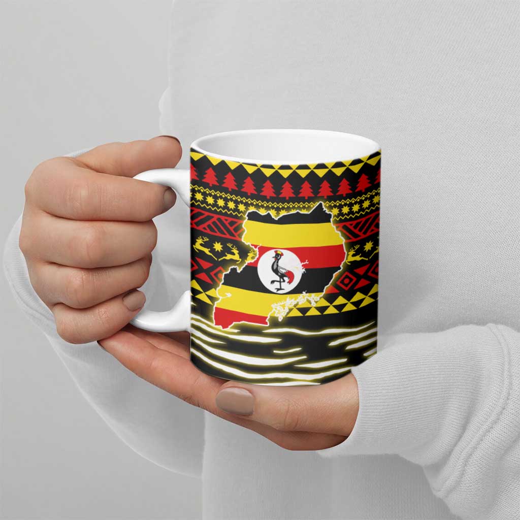 Uganda Christmas Ceramic Mug with Santa in Canoe Christmas Tree Uganda Map Flag and Black Red Yellow Tribal Pattern Design - Wonder Print Shop