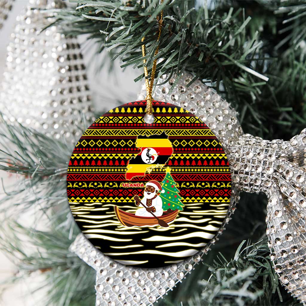 Uganda Christmas Ceramic Ornament with Santa in Canoe Christmas Tree Uganda Map Flag and Black Red Yellow Tribal Pattern Design - Wonder Print Shop