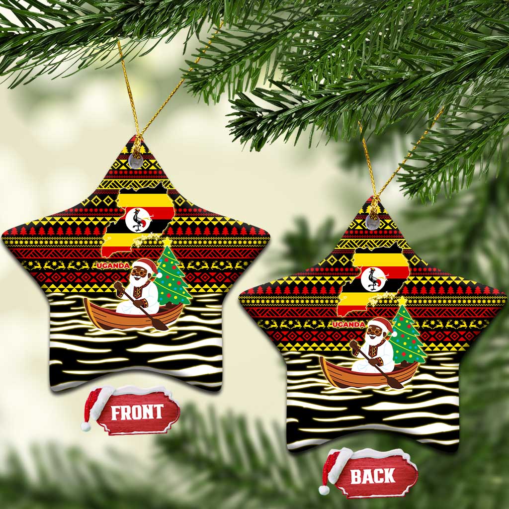 Uganda Christmas Ceramic Ornament with Santa in Canoe Christmas Tree Uganda Map Flag and Black Red Yellow Tribal Pattern Design - Wonder Print Shop