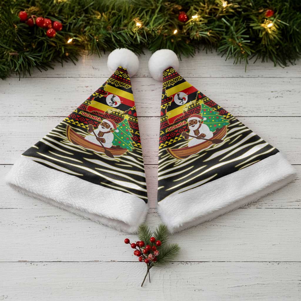 Uganda Christmas Santa Hat with Santa in Canoe Christmas Tree Uganda Map Flag and Black Red Yellow Tribal Pattern Design - Wonder Print Shop