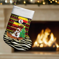 Uganda Christmas Stocking with Santa in Canoe Christmas Tree Uganda Map Flag and Black Red Yellow Tribal Pattern Design - Wonder Print Shop