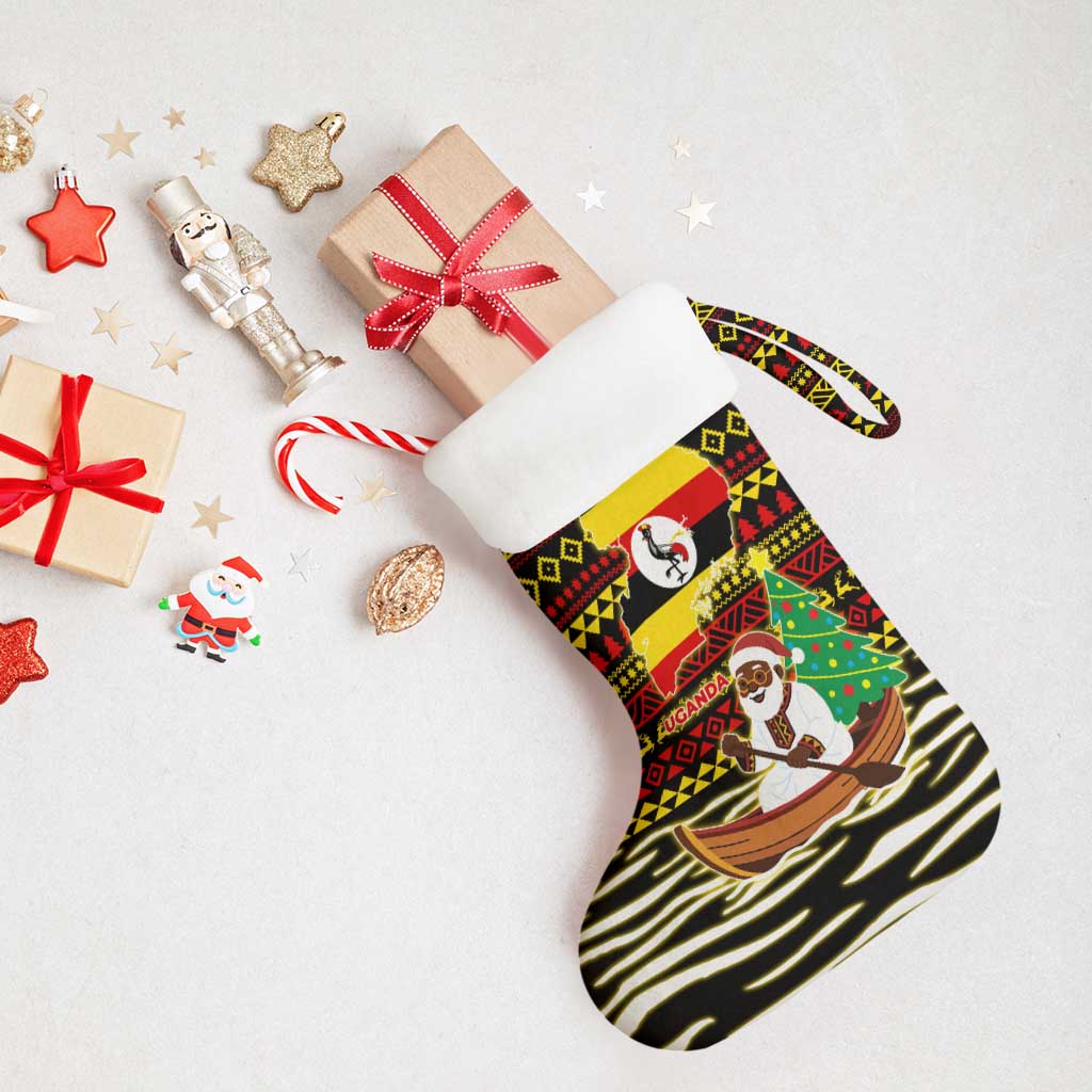 Uganda Christmas Stocking with Santa in Canoe Christmas Tree Uganda Map Flag and Black Red Yellow Tribal Pattern Design - Wonder Print Shop