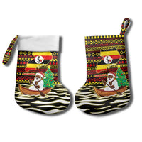Uganda Christmas Stocking with Santa in Canoe Christmas Tree Uganda Map Flag and Black Red Yellow Tribal Pattern Design - Wonder Print Shop
