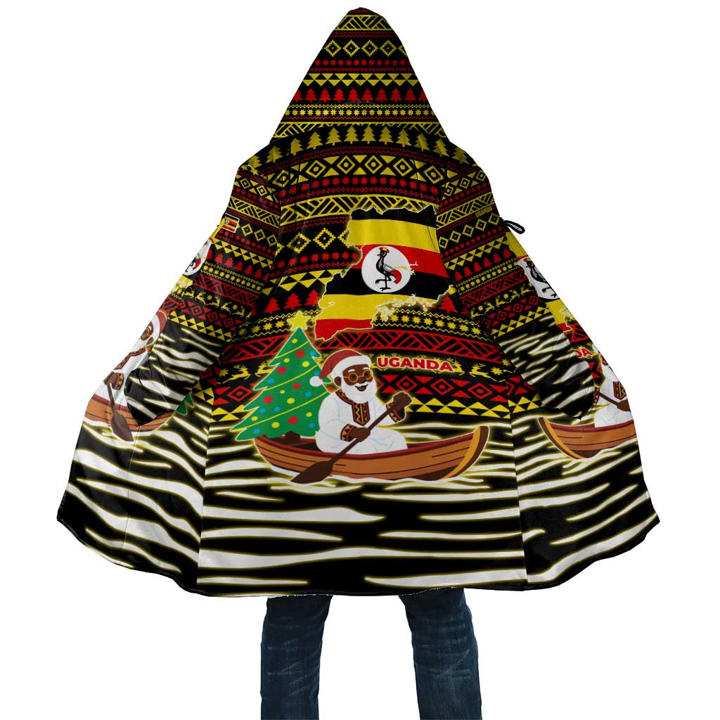 Uganda Christmas Cloak with Santa in Canoe Christmas Tree Uganda Map Flag and Black Red Yellow Tribal Pattern Design - Wonder Print Shop