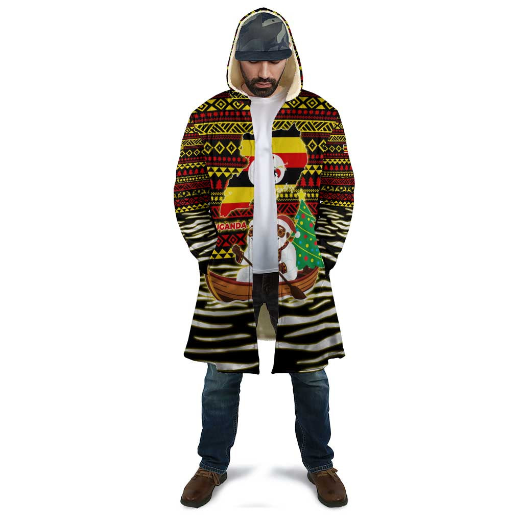 Uganda Christmas Cloak with Santa in Canoe Christmas Tree Uganda Map Flag and Black Red Yellow Tribal Pattern Design - Wonder Print Shop