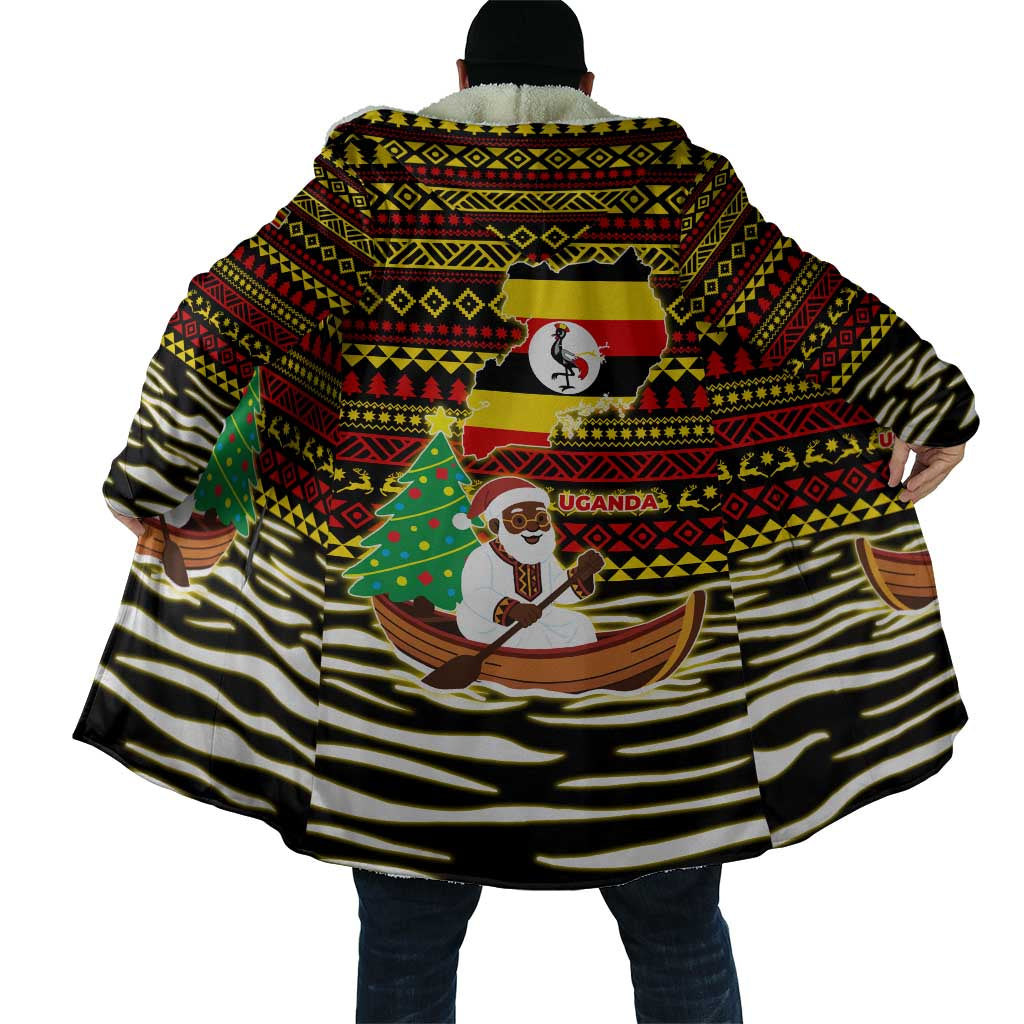 Uganda Christmas Cloak with Santa in Canoe Christmas Tree Uganda Map Flag and Black Red Yellow Tribal Pattern Design - Wonder Print Shop