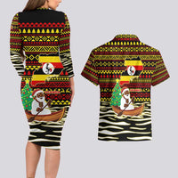 Uganda Christmas Couples Matching Long Sleeve Bodycon Dress and Hawaiian Shirt with Santa in Canoe Christmas Tree Uganda Map Flag and Black Red Yellow Tribal Pattern Design - Wonder Print Shop