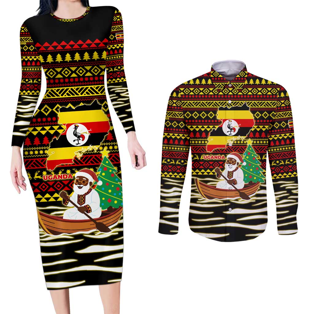 Uganda Christmas Couples Matching Long Sleeve Bodycon Dress and Long Sleeve Button Shirt with Santa in Canoe Christmas Tree Uganda Map Flag and Black Red Yellow Tribal Pattern Design - Wonder Print Shop