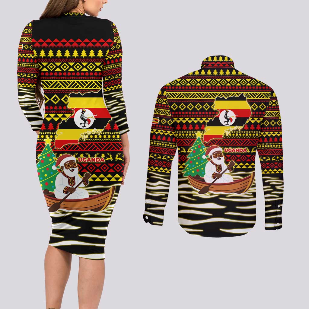 Uganda Christmas Couples Matching Long Sleeve Bodycon Dress and Long Sleeve Button Shirt with Santa in Canoe Christmas Tree Uganda Map Flag and Black Red Yellow Tribal Pattern Design - Wonder Print Shop