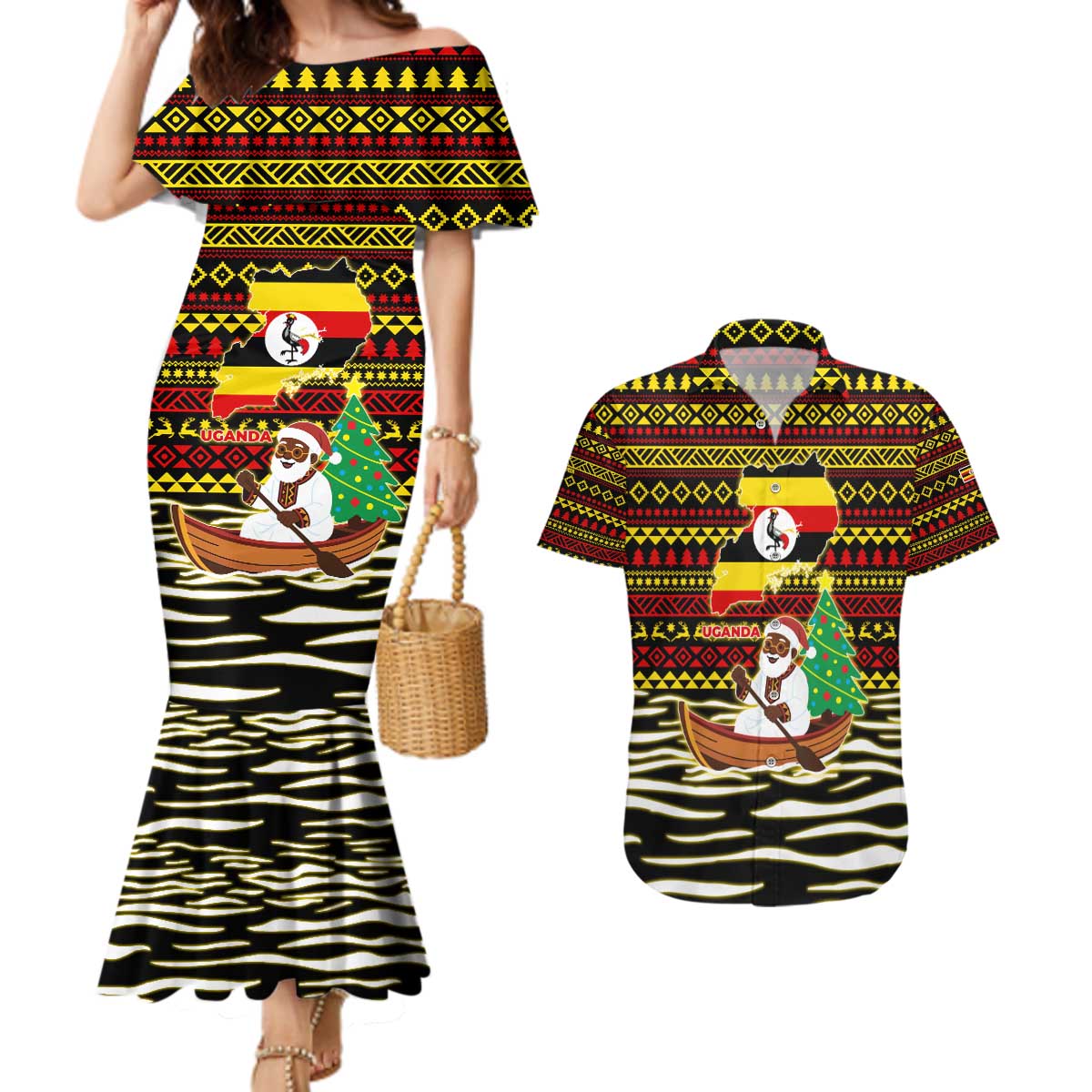 Uganda Christmas Couples Matching Mermaid Dress and Hawaiian Shirt with Santa in Canoe Christmas Tree Uganda Map Flag and Black Red Yellow Tribal Pattern Design - Wonder Print Shop