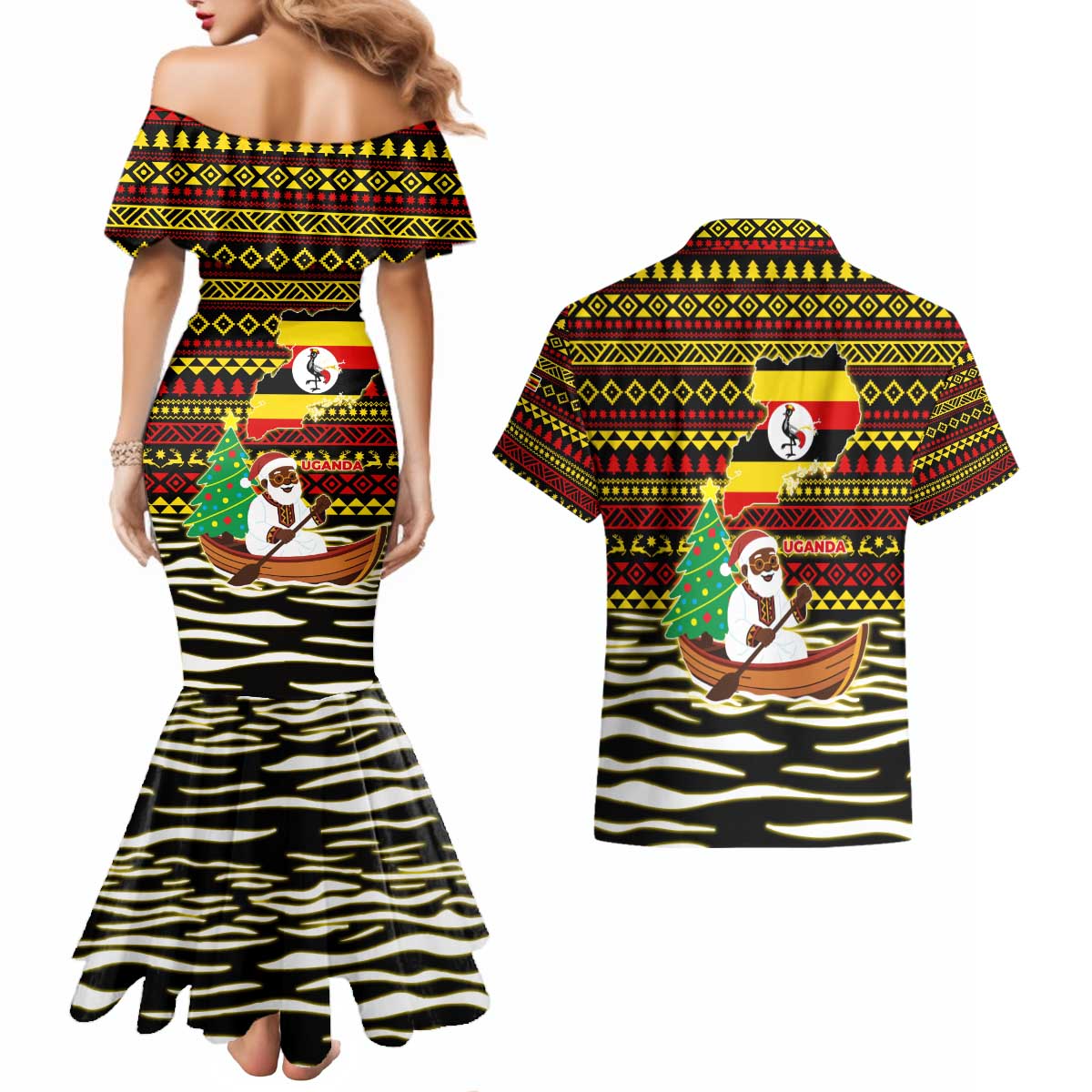 Uganda Christmas Couples Matching Mermaid Dress and Hawaiian Shirt with Santa in Canoe Christmas Tree Uganda Map Flag and Black Red Yellow Tribal Pattern Design - Wonder Print Shop