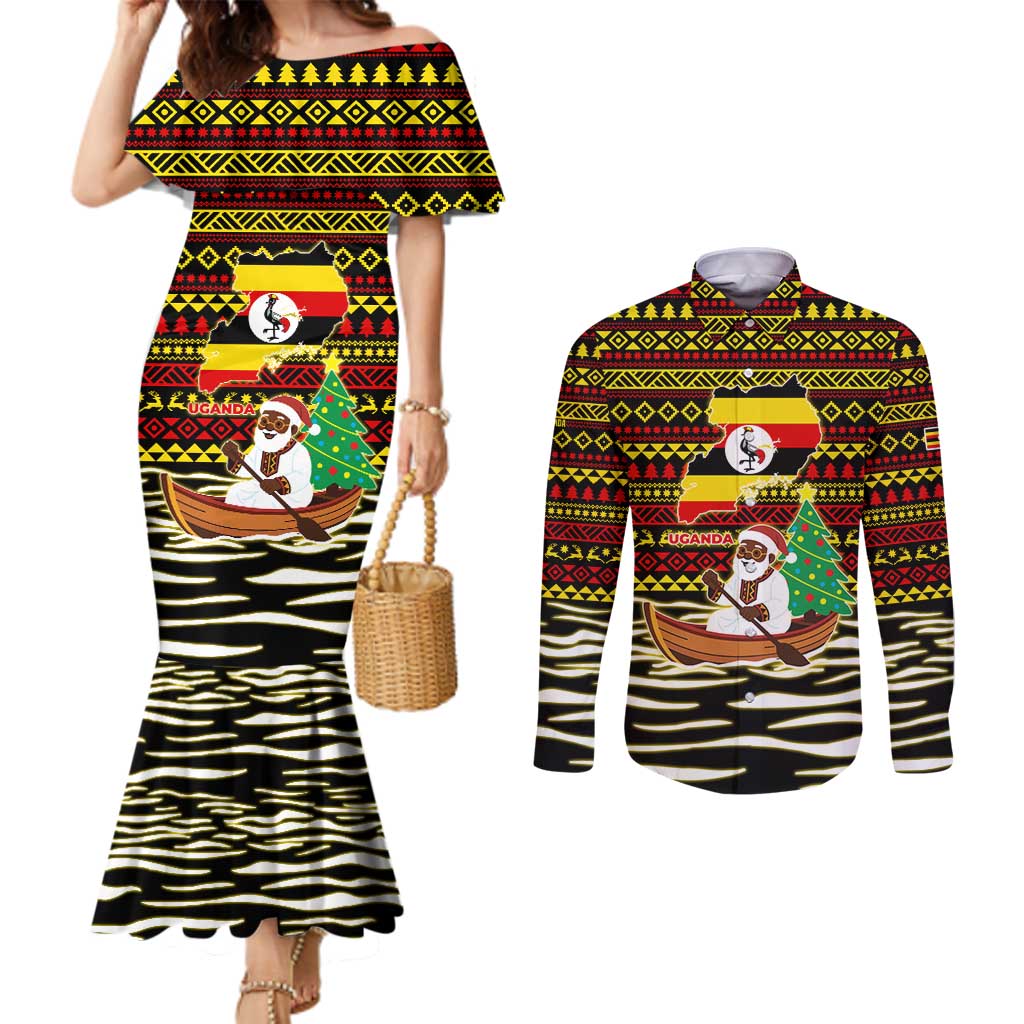 Uganda Christmas Couples Matching Mermaid Dress and Long Sleeve Button Shirt with Santa in Canoe Christmas Tree Uganda Map Flag and Black Red Yellow Tribal Pattern Design - Wonder Print Shop