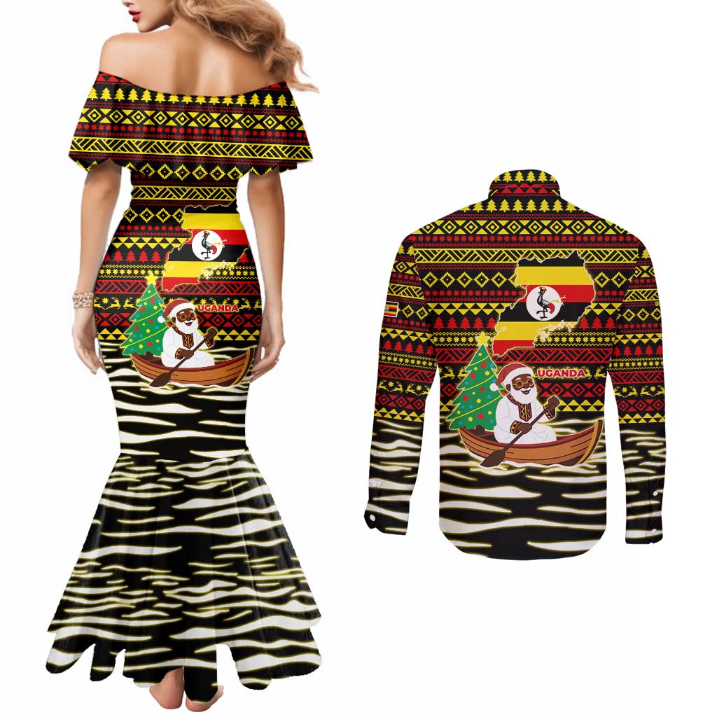 Uganda Christmas Couples Matching Mermaid Dress and Long Sleeve Button Shirt with Santa in Canoe Christmas Tree Uganda Map Flag and Black Red Yellow Tribal Pattern Design - Wonder Print Shop