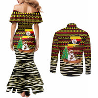Uganda Christmas Couples Matching Mermaid Dress and Long Sleeve Button Shirt with Santa in Canoe Christmas Tree Uganda Map Flag and Black Red Yellow Tribal Pattern Design - Wonder Print Shop