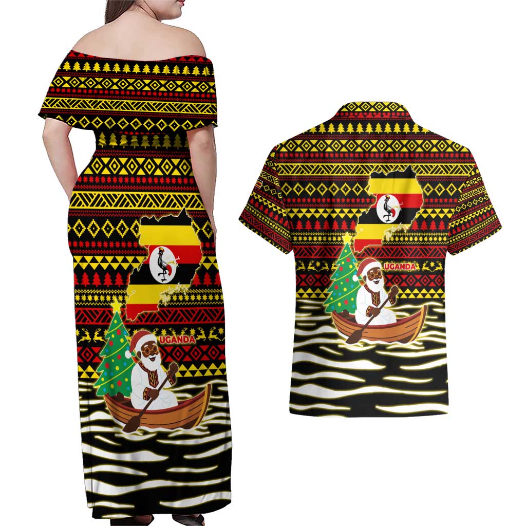 Uganda Christmas Couples Matching Off Shoulder Maxi Dress and Hawaiian Shirt with Santa in Canoe Christmas Tree Uganda Map Flag and Black Red Yellow Tribal Pattern Design - Wonder Print Shop