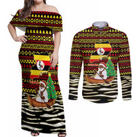 Uganda Christmas Couples Matching Off Shoulder Maxi Dress and Long Sleeve Button Shirt with Santa in Canoe Christmas Tree Uganda Map Flag and Black Red Yellow Tribal Pattern Design - Wonder Print Shop