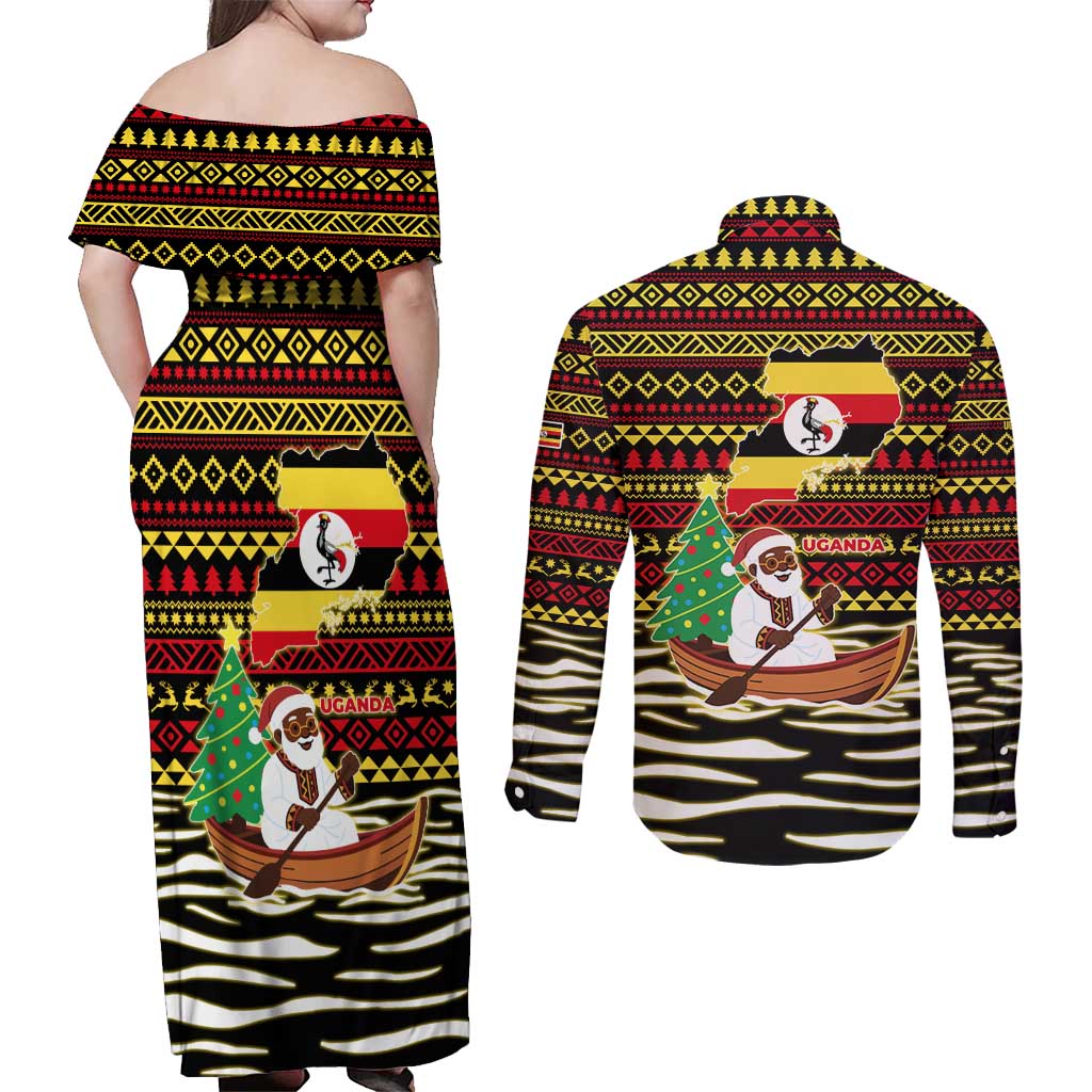 Uganda Christmas Couples Matching Off Shoulder Maxi Dress and Long Sleeve Button Shirt with Santa in Canoe Christmas Tree Uganda Map Flag and Black Red Yellow Tribal Pattern Design - Wonder Print Shop