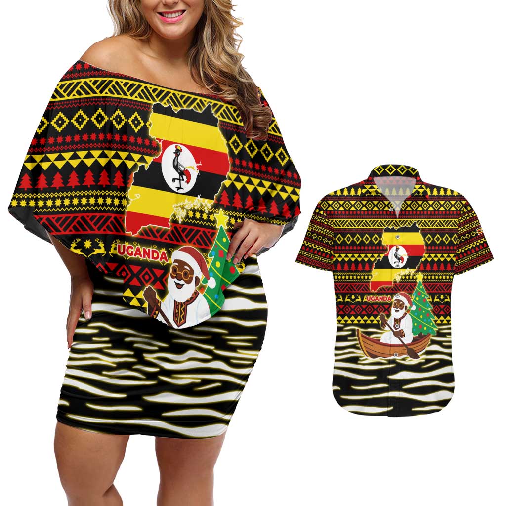 Uganda Christmas Couples Matching Off Shoulder Short Dress and Hawaiian Shirt with Santa in Canoe Christmas Tree Uganda Map Flag and Black Red Yellow Tribal Pattern Design - Wonder Print Shop
