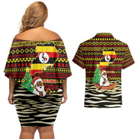 Uganda Christmas Couples Matching Off Shoulder Short Dress and Hawaiian Shirt with Santa in Canoe Christmas Tree Uganda Map Flag and Black Red Yellow Tribal Pattern Design - Wonder Print Shop