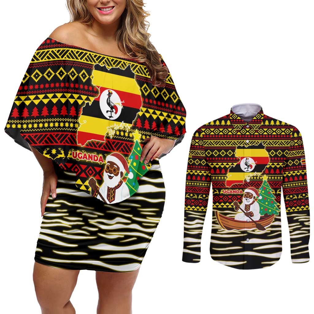 Uganda Christmas Couples Matching Off Shoulder Short Dress and Long Sleeve Button Shirt with Santa in Canoe Christmas Tree Uganda Map Flag and Black Red Yellow Tribal Pattern Design - Wonder Print Shop