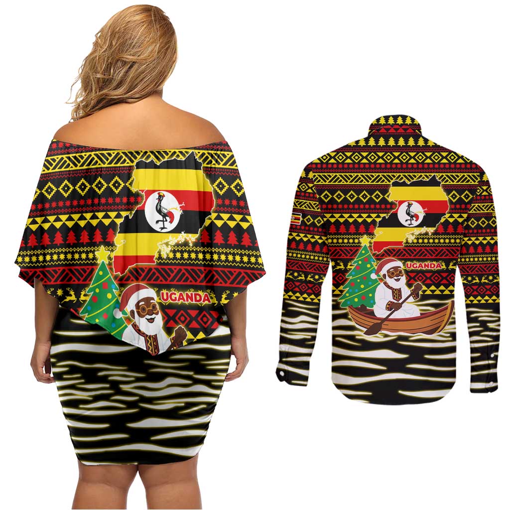 Uganda Christmas Couples Matching Off Shoulder Short Dress and Long Sleeve Button Shirt with Santa in Canoe Christmas Tree Uganda Map Flag and Black Red Yellow Tribal Pattern Design - Wonder Print Shop
