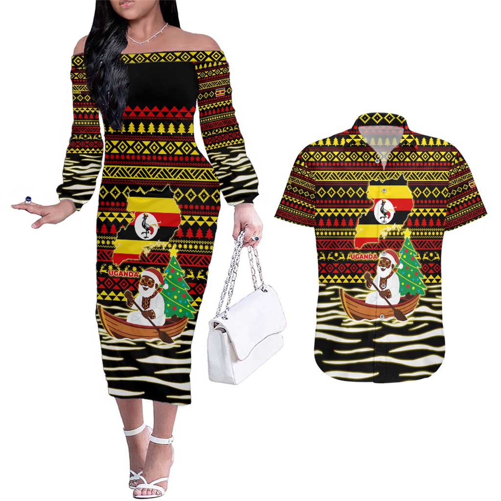 Uganda Christmas Couples Matching Off The Shoulder Long Sleeve Dress and Hawaiian Shirt with Santa in Canoe Christmas Tree Uganda Map Flag and Black Red Yellow Tribal Pattern Design - Wonder Print Shop