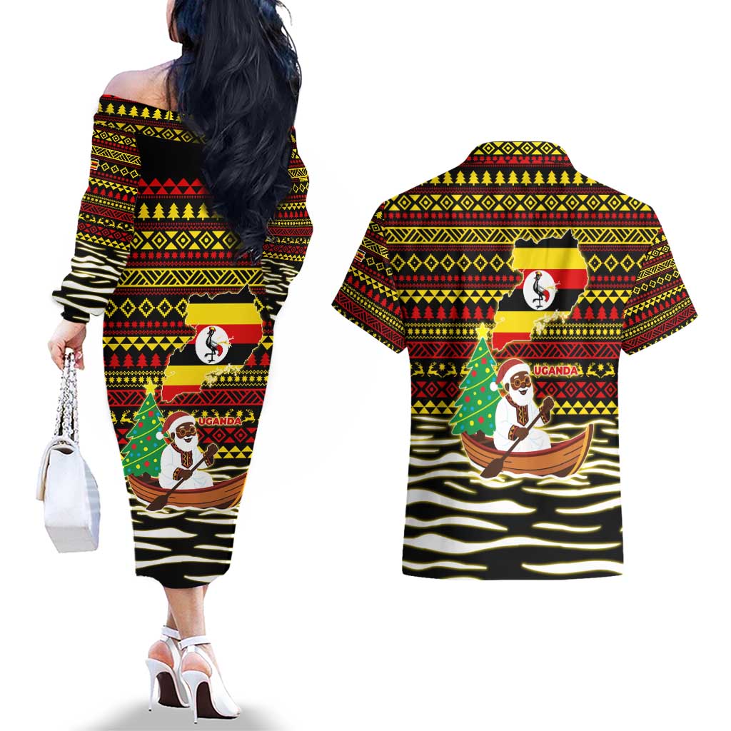 Uganda Christmas Couples Matching Off The Shoulder Long Sleeve Dress and Hawaiian Shirt with Santa in Canoe Christmas Tree Uganda Map Flag and Black Red Yellow Tribal Pattern Design - Wonder Print Shop