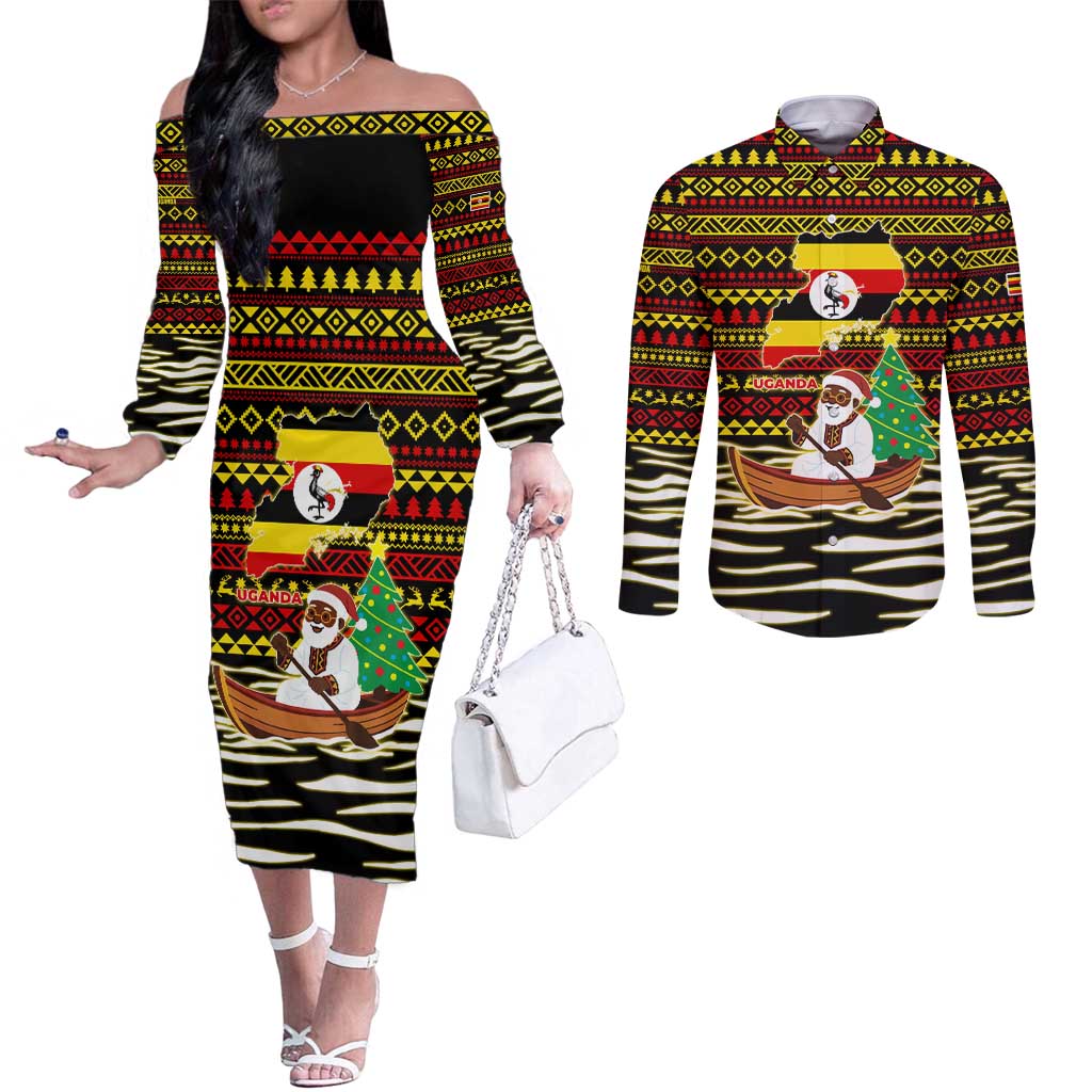 Uganda Christmas Couples Matching Off The Shoulder Long Sleeve Dress and Long Sleeve Button Shirt with Santa in Canoe Christmas Tree Uganda Map Flag and Black Red Yellow Tribal Pattern Design - Wonder Print Shop
